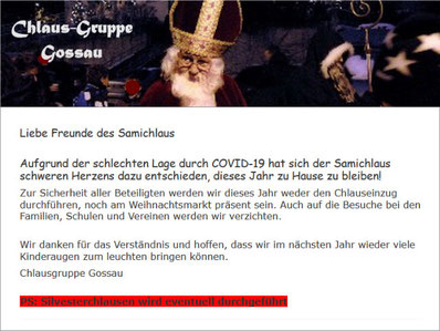 Kein Chlauseinzug, kein Samichlaus in Gossau ZH. Bild: Website Chlaus-Gruppe Gossau ZH