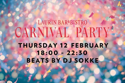Poster zur Carnival Party in der Laurin Bar & Bistro Bozen: Musik, Faschingsfeier am Donnerstag von 18:00–22:30 mit Konfetti und Party-Stimmung.