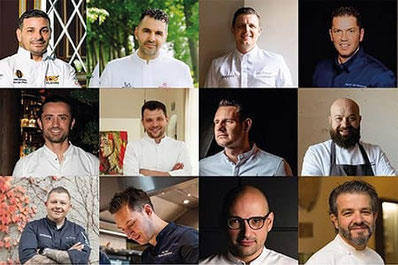 Ritratti di chef internazionali protagonisti dell’evento gourmet Dinner Incredible al ristorante Mamesa in Val Venosta, riuniti in un collage.