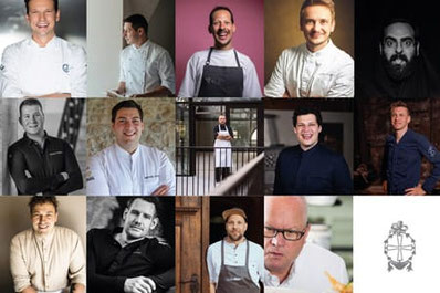 Ritratto collage dei migliori chef internazionali alla “Kitchen Party” nel ristorante Mamesa al Weißen Kreuz a Malles – un incontro al vertice della cucina creativa in Alto Adige.