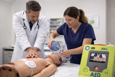 Arztpraxis Notfall Reanimationstraining Zoll AED 3 Notfalltraining MFA OTA Arzt Ärztin Pflege Zahnarzt