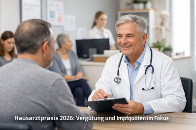 Ein Hausarzt im Gespräch mit einem Patienten in seiner Praxis