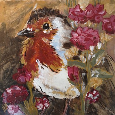 62. Robin rose 30x30cm acrylverf op houten paneeltje NTK