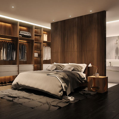 chambre avec dressing et salle de bain dans les tons beige et bois. Lit avec coussins