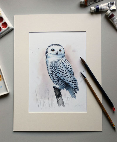 Schneeeule Aquarell Vogel Illustration Wandbild Kunstdruck Snow Owl