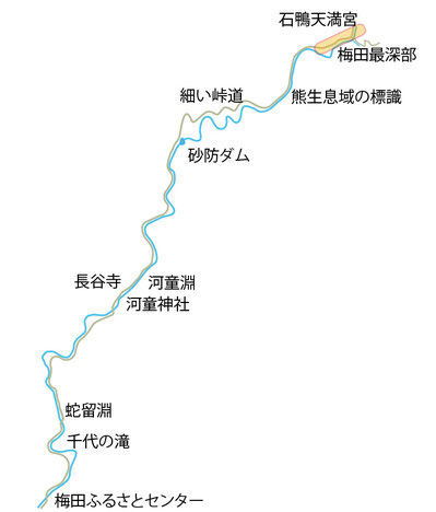 ふるさとセンターから梅田最深部までの地図