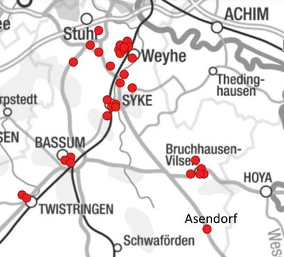 30 Verkaufsstellen in der Region von Stuhr-Brinkum im Norden bis Asendorf im Süden, von Twistringen im Westen bis Bruchhausen-Vilsen im Osten