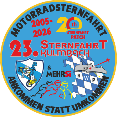 Sternfahrtpatch Kulmbach 2025, Sternfahrtpatch, Blue Knights® Germany XIV Mittelfranken e.V., Patch: Secretary Alfons Ulrich "Alf", Blue Knights, Blue Knights Patch, Motorradsternfahrt Kulmbach 2026, MEHRSi, Webmaster: Peter Dorsch Bayreuth "Grisu"