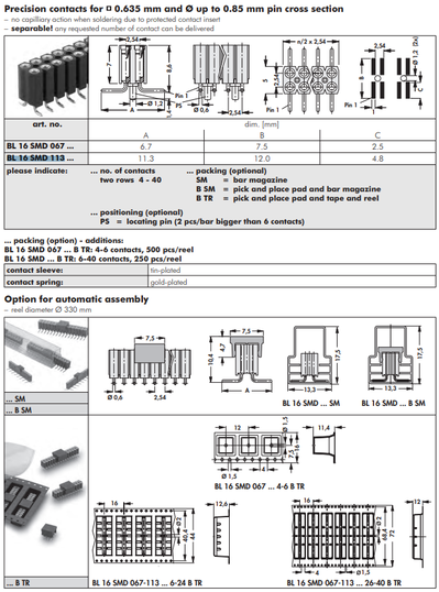 BL 16 SMD 表面実装用連結ソケット2.54mmピッチ 2列