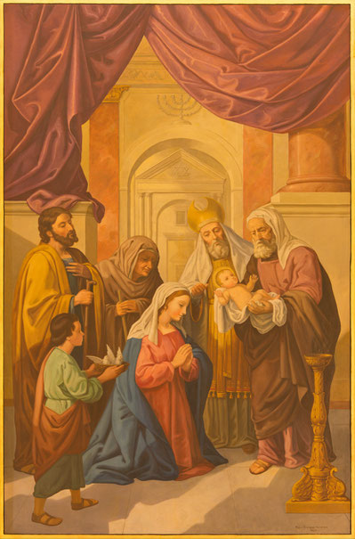 Jesu Darstellung im Tempel, Fresko von Raphael Rodriguez in der Basilica de la Macarena in Sevilla