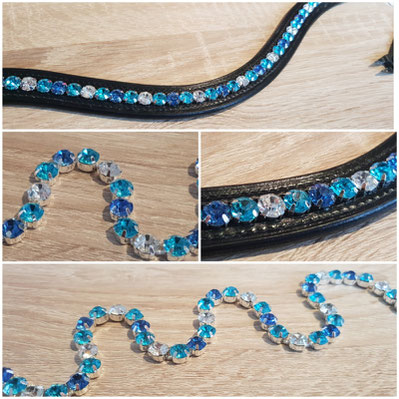 Stirnriemen in schwarz mit Strasssteinen in Crystal, Light Sapphire und Aquamarine 