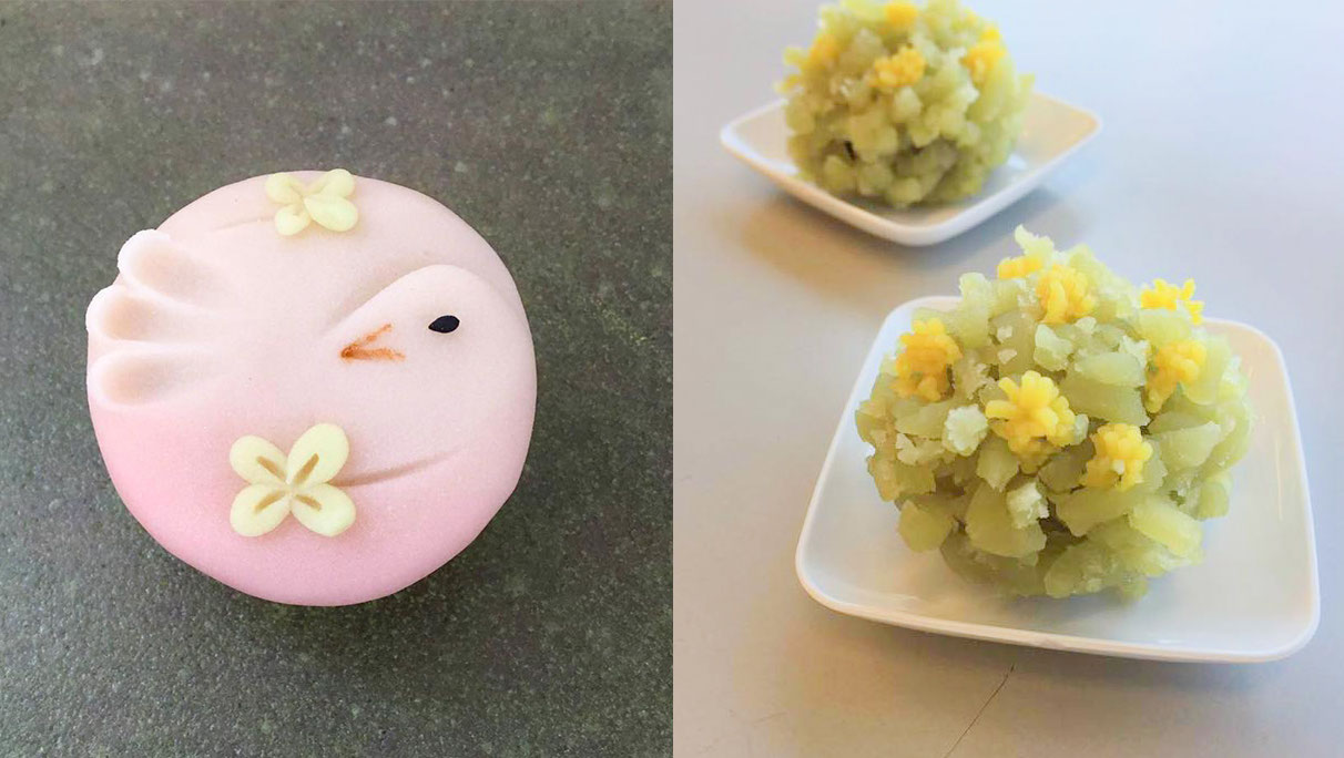 「菜の花（金団製）・幸福の鳩（練り切り）」