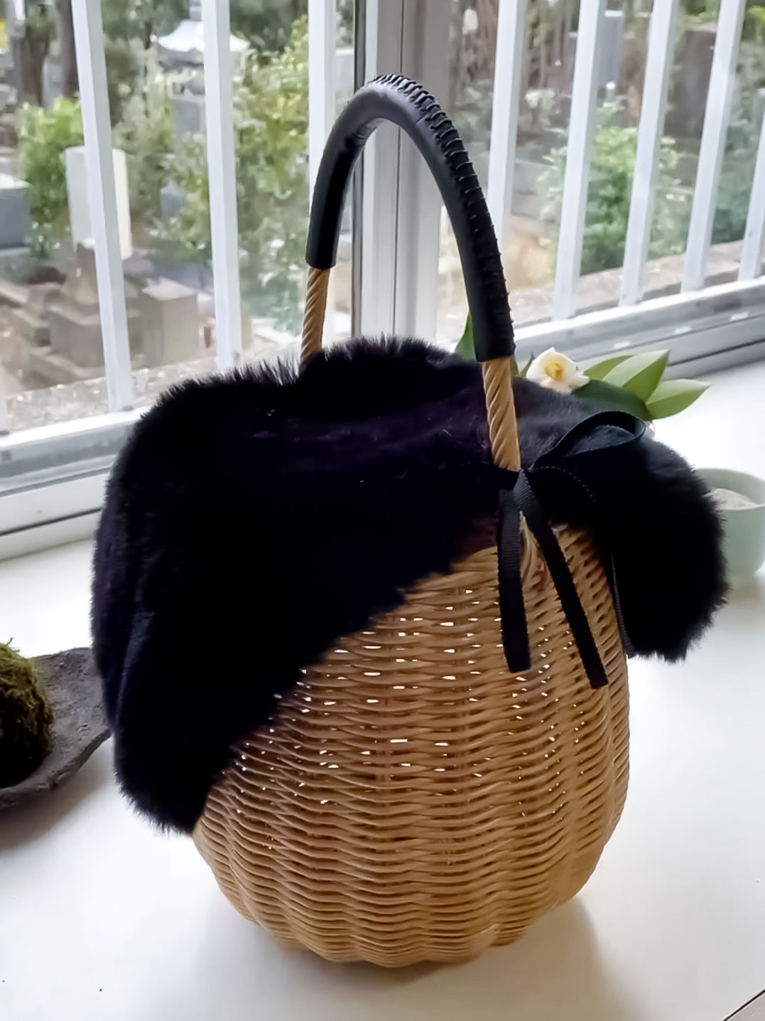 籐編みかごバッグポシェット　本革　ハンドメイド　ブラック tousket ® 藤編みかごバッグ 「どんぐりかごバッグorかごポシェット