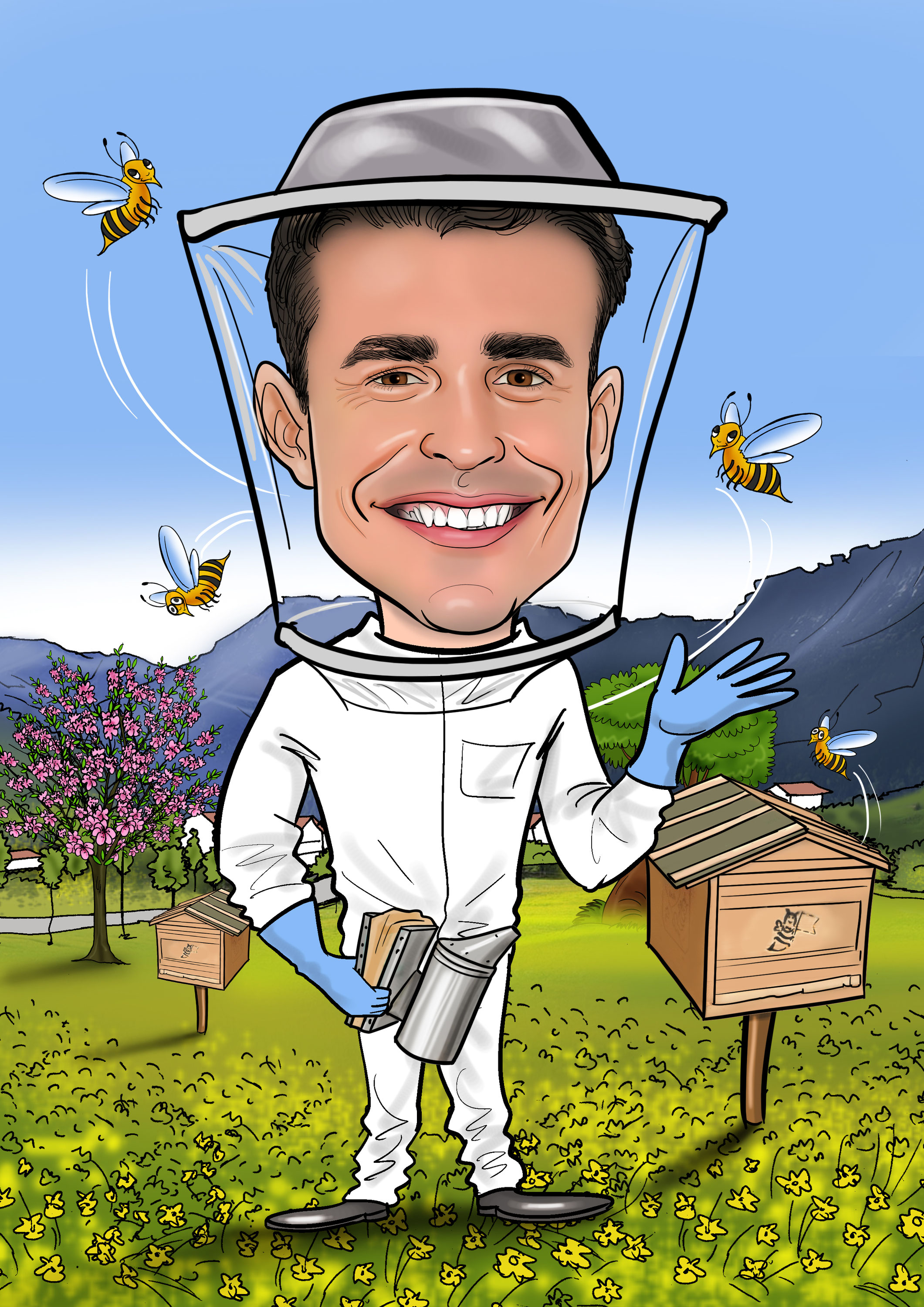 Karikatur vom Foto, Imker, Bienen Portrait vom Foto Karikatur vom Foto, Imker, Bienen Portrait vom Foto