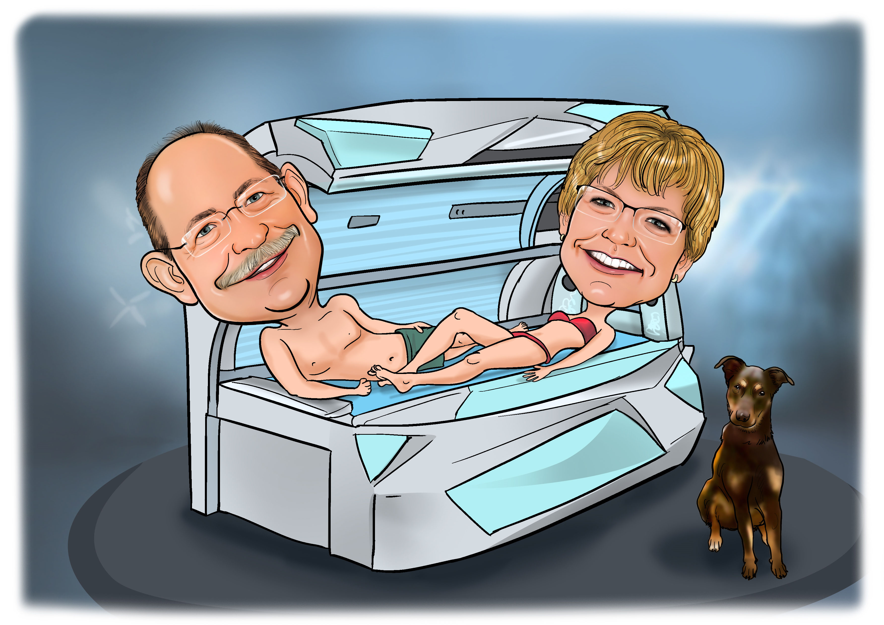 Karikatur Sonnenstudio, Cartoon Sonnenbank Portrait vom Karikatur Sonnenstudio, Cartoon Sonnenbank Portrait vom