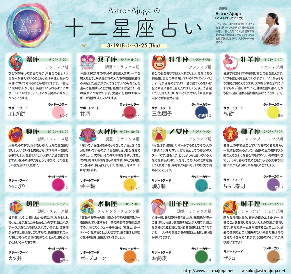 週刊ベイスポ １２星座占い の連載 3 19 3 25 西洋占星学とヨガのアストロアジュガ 滋賀