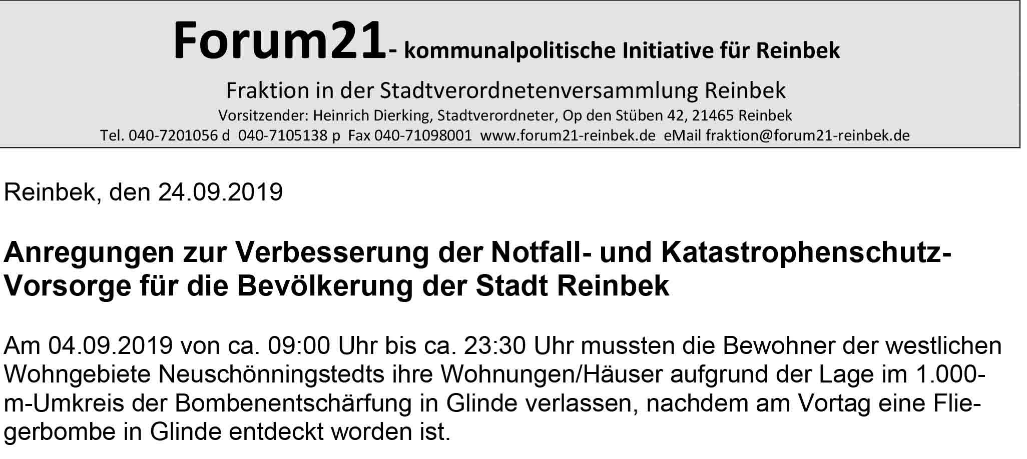 Forum21 Veroffentlicht Konstruktive Anregungen Zur Verbesserung Der Notfall Und Katastrophenschutz Vorsorge Fur Die Bevolkerung Der Stadt Reinbek Forum21 E V Freie Und Unabhangige Wahlergemeinschaft In Reinbek Und Stormarn