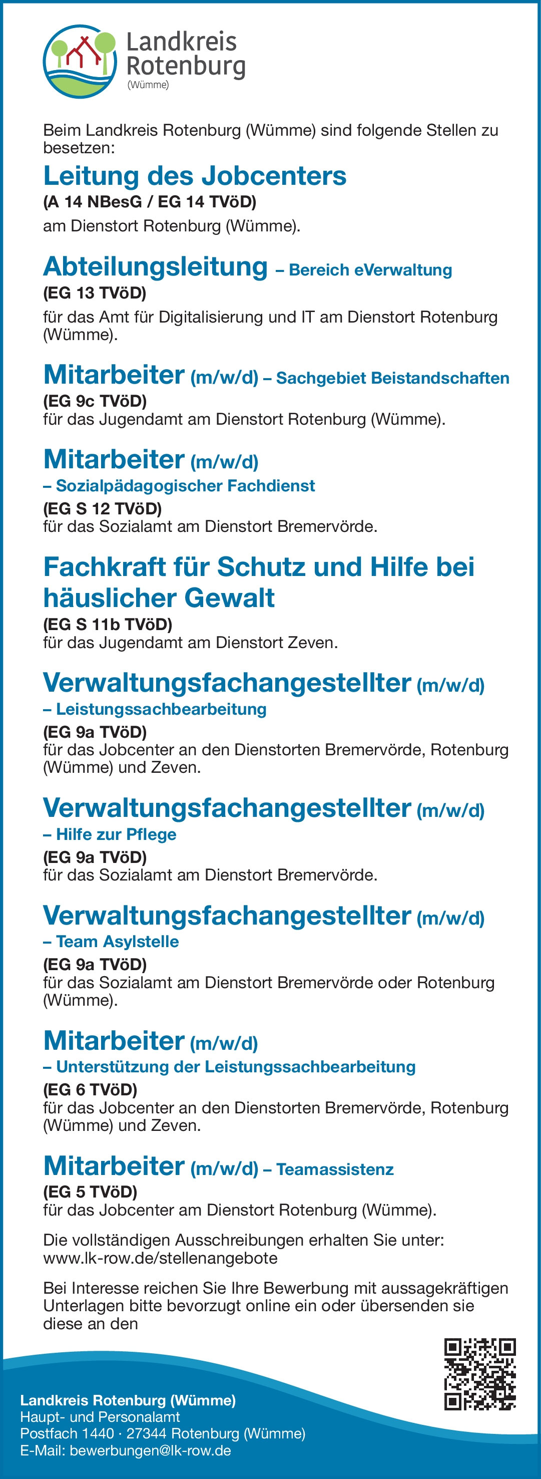 10 aktuelle Stellenangebote beim Landkreis Rotenburg: November 2023