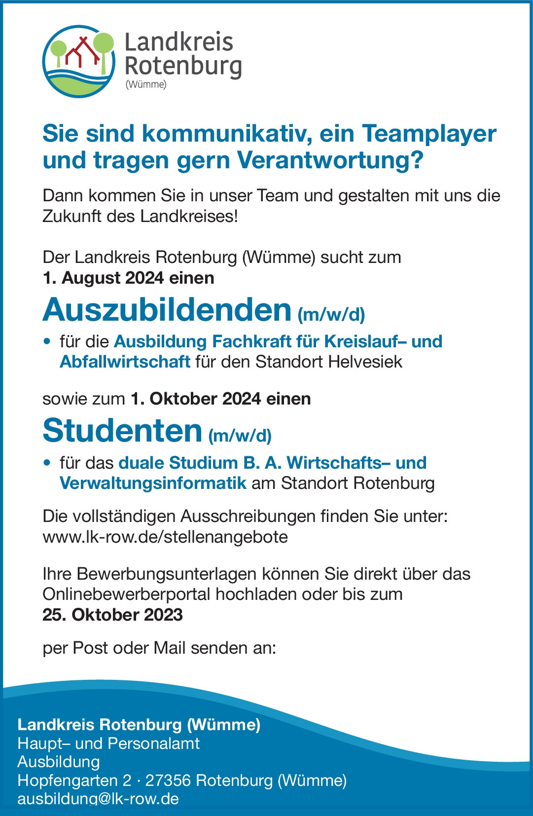 Angebote für Ausbildung und Duales Studium beim Landkreis Rotenburg.
