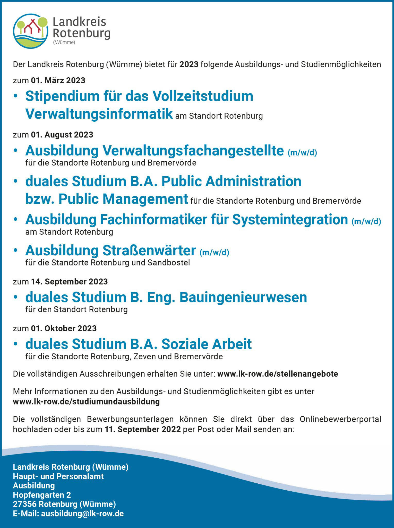 Stellenangebote Landkreis Rotenburg Ausbildungsplätze und duales