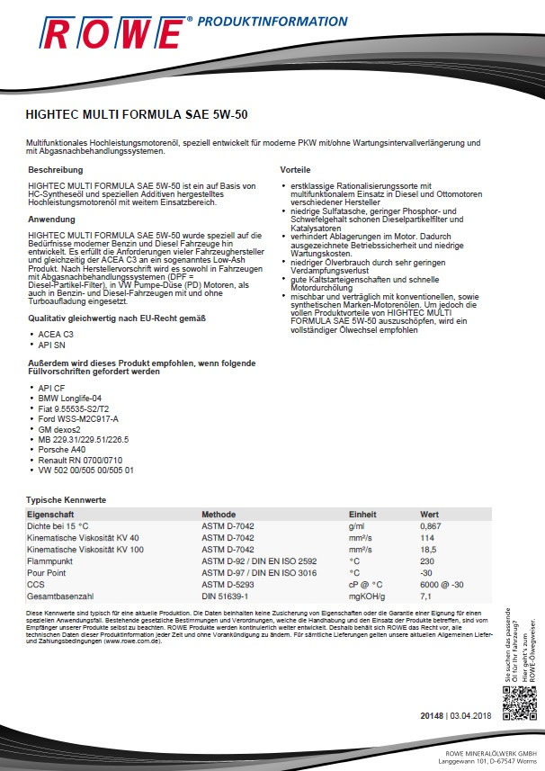 Rowe Hightec Multi Formula SAE 5W-50 - Öle, Fette und Schmierstoffe