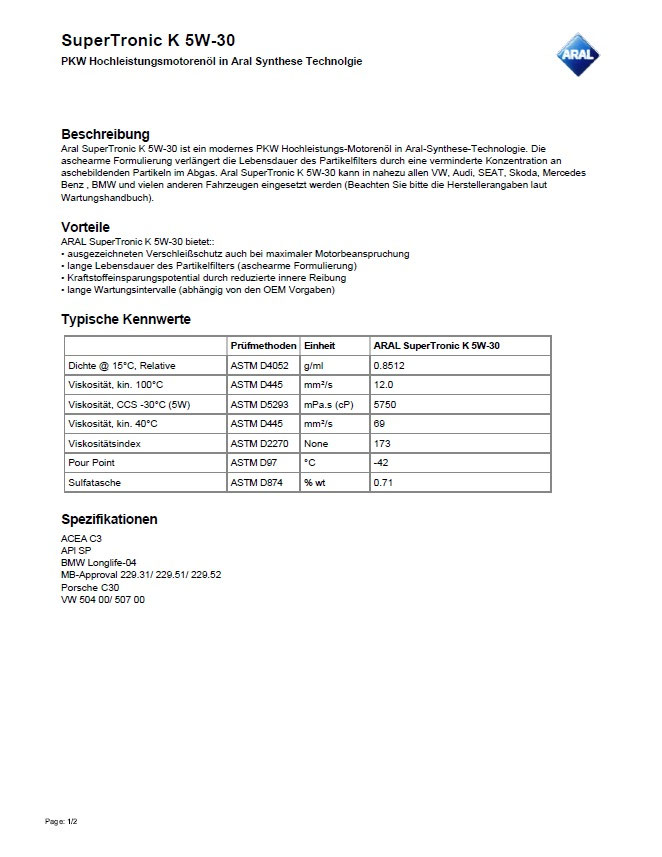 Aral Super Tronic K 5W 30 le Fette Und Schmierstoffe