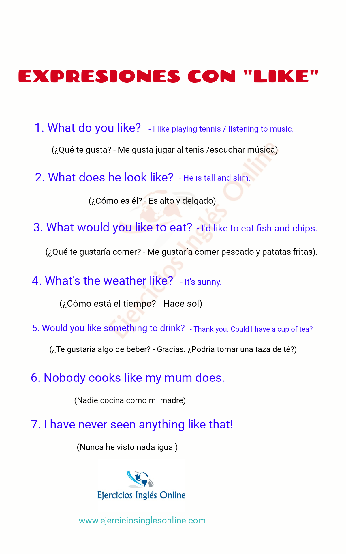 Like Expresiones en inglés Ejercicios inglés online