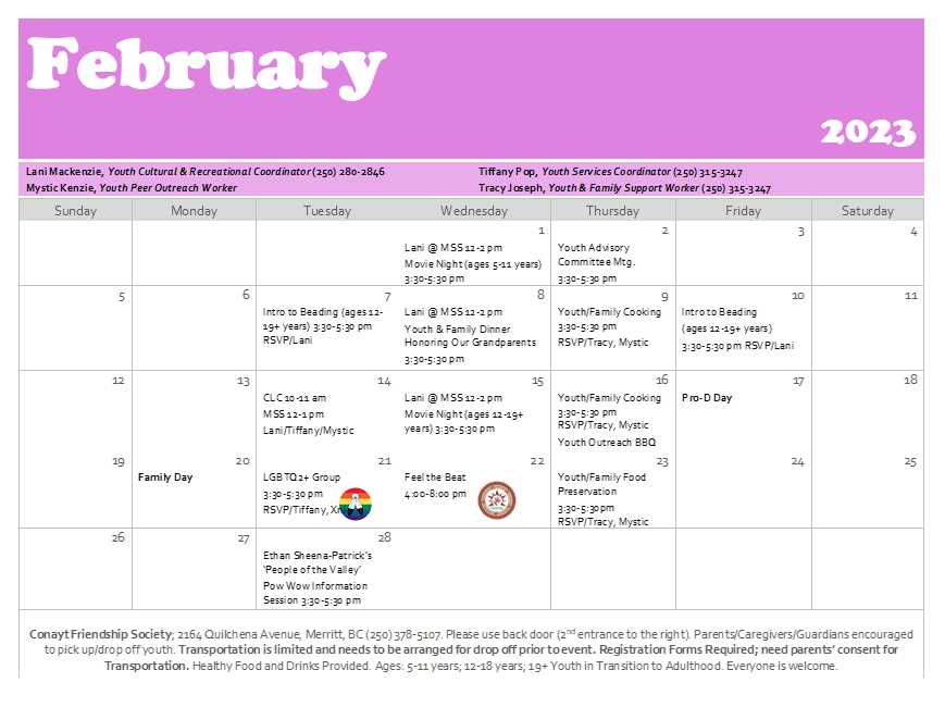 Youth Services February 2023 Conayt Friendship Society in Merritt BC