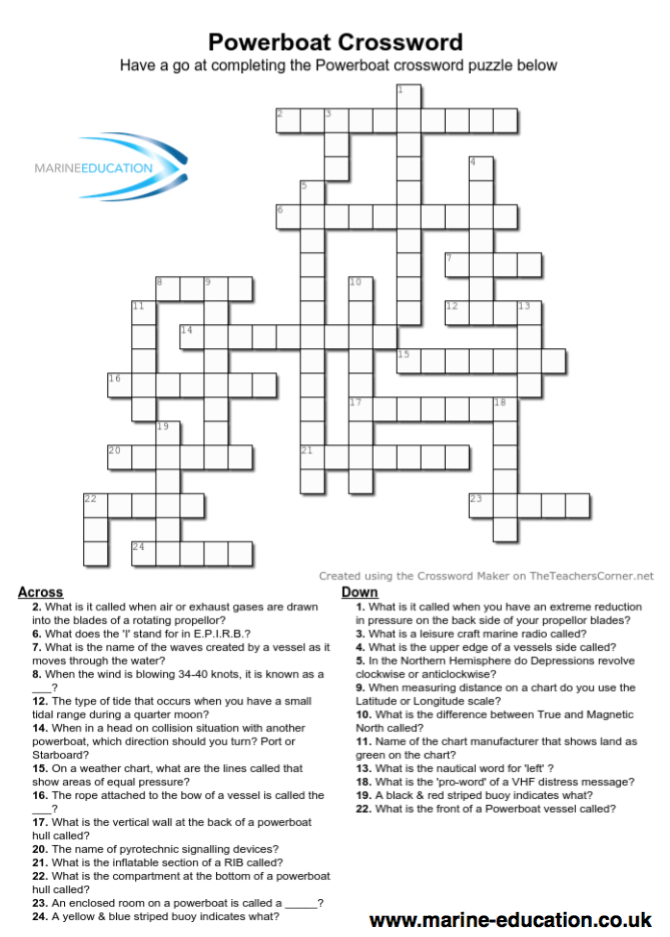 Powerboat Crossword Boredom Buster Marine Education RYA Powerboat