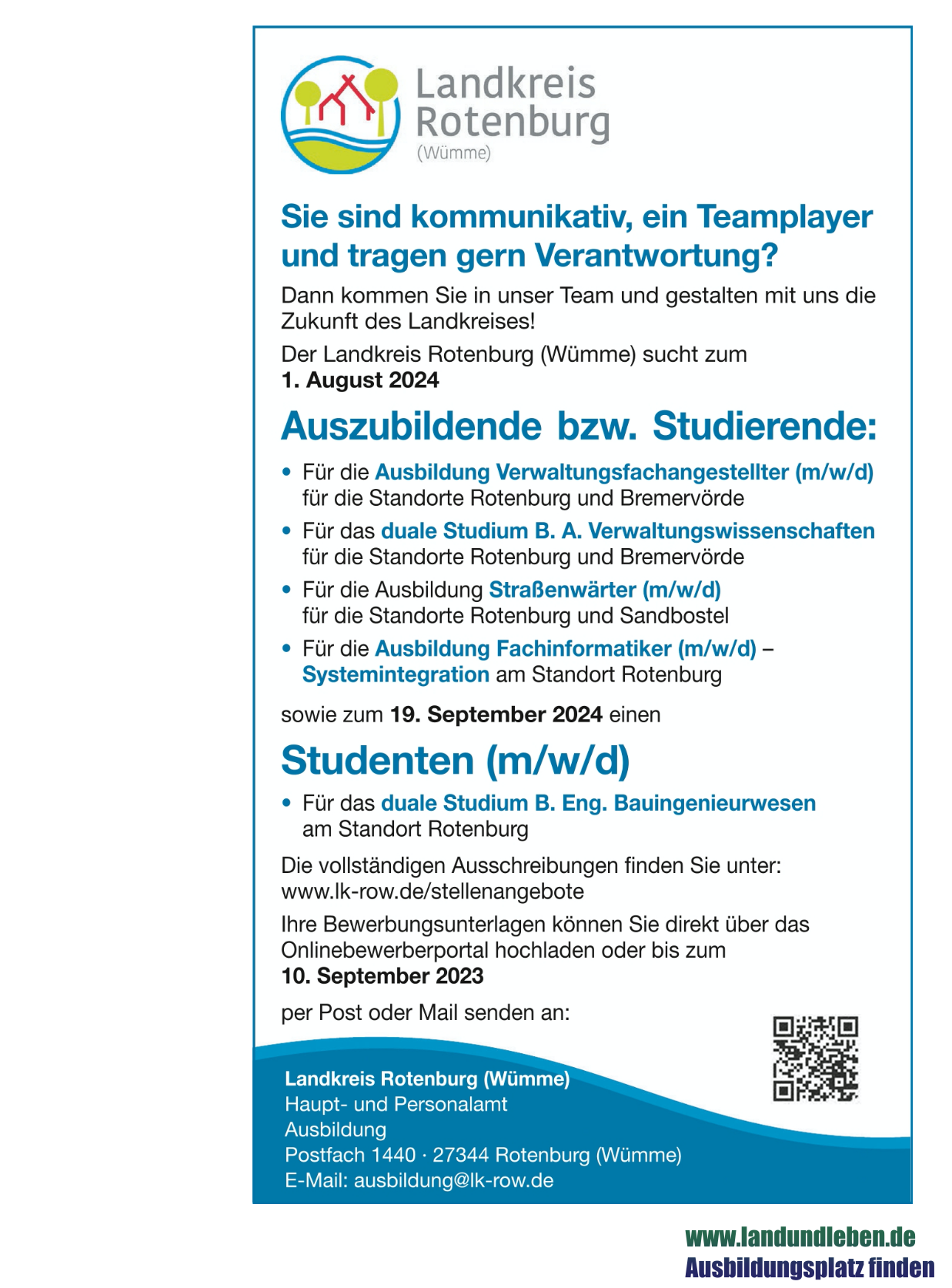 Stellenangebote. Ausbildungsplätze 2024 beim Landkreis ROW