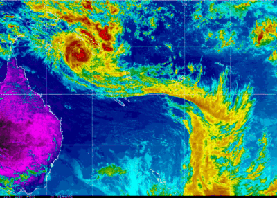 Colourized animation of Severe Tropical Cyclone Jasper in the Coral Sea. December 13 2023. Images from NOAA. 