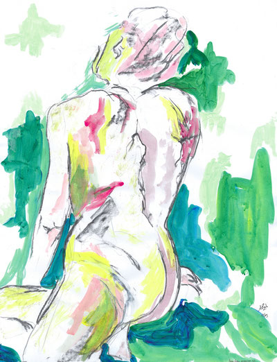 Cortège 5. Femme aux feuilles vertes (fusain, acrylique)