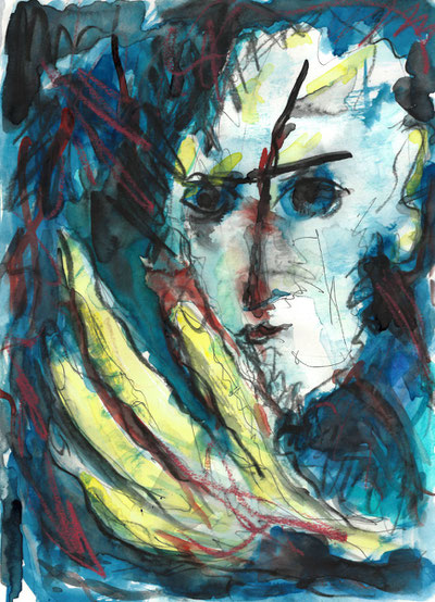 Gesicht eines Engels mit Hand, Aquarell, 2014