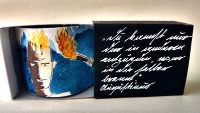 entzünde den Funken, zündholzschachtel bemalt, schrift und aquarell im inneren