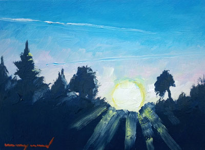 landschaft, ölbild, bäume, sonne im aufgang