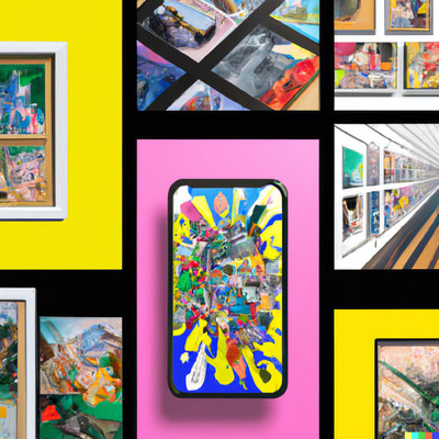 Mit dem Text-zu-Bild-Tool DALL-E generiertes Bild, das ein Smartphone in der Mitte zeigt in einem Mondrian-ähnlichen Raster mit weiteren Bildern in den stark farbigen Flächen.