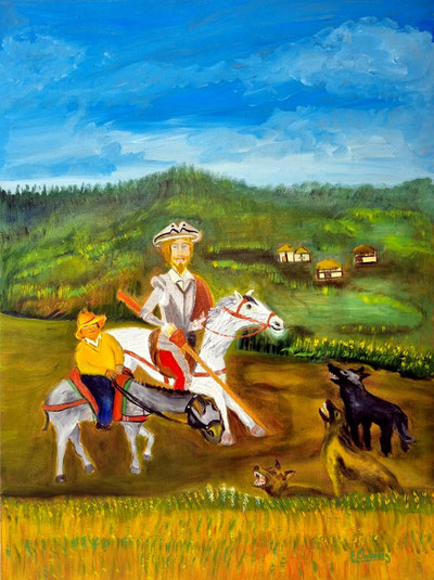 Elsa Ordóñez. Sancho "los perros ladran" Don Quijote "señal que estamos cabalgando", óleo sobre lienzo, 80x60cm. 2025.