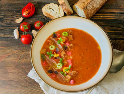 Kaltschale, Gazpacho, Tomatenkaltschale, Wassermelonenkaltschale, Wassermelone, Tomate, Suppe