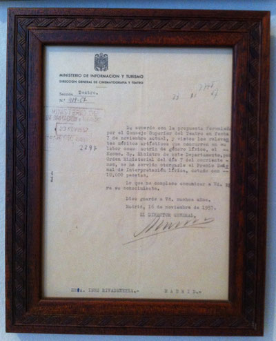 1957: Certificado del Premio Nacional de Interpretación Lírica