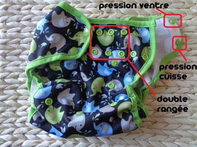 culotte de protection pour couche lavable avec deux rangées de pressions de réglage au niveau de la taille: une pour les cuisses et une pour le ventre  pour éviter les fuites