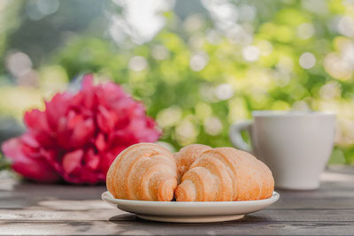 緑がまぶしい庭のテーブル。クロワッサンのお皿とコーヒーカップ。ピンクの花。