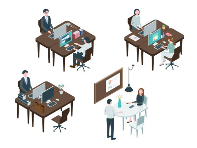 オフィスのデスクで打ち合わせやパソコンに向かって仕事する社員たち。雇用区分。