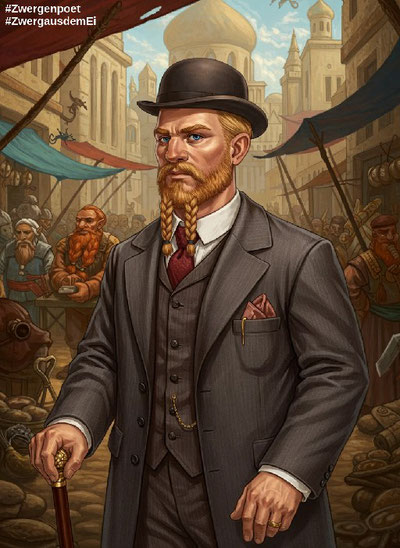 Ein blonder Zwerg, der zwei kurze Zöpfe an seinem Kinnbart trag. Er wirkt edel gekleidet, wie ein Adliger um 1900. Erstellt mit Craiyon.