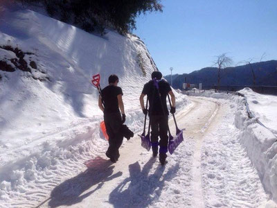 雪かきは重労働。暑くて半袖になりました。