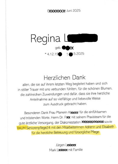 Juli 2025: Familie aus Burgstetten dankt RAUM Seniorenpflege24 in Auenwald für die herzliche Betreuung