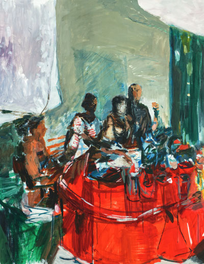 Umschlagbild: „Rotes Interieur“, 2023, 130 x 100 cm, Acryl auf Leinwand