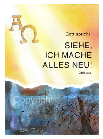christliche Karten, Jahreslosung, siehe ich mache alles neu Licht Baum hell dunkel