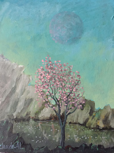 Arbre en fleurs. Acrylique sur carton toilé.24 x 18 cm. Disponible. 70€.