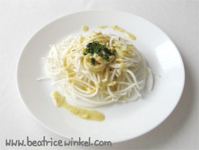 vegan turnips pasta with almond sauce