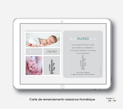  carte de remerciements naissance garçon numérique- -carte de remerciement électronique -pdf imprimable-pdf numérique-faire part connecté-cactus gris-à imprimer soi-même-carte de remerciement naissance à envoyer par mail